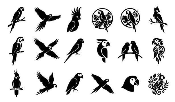 Monochrome parrot icon collection with exotic bird symbols