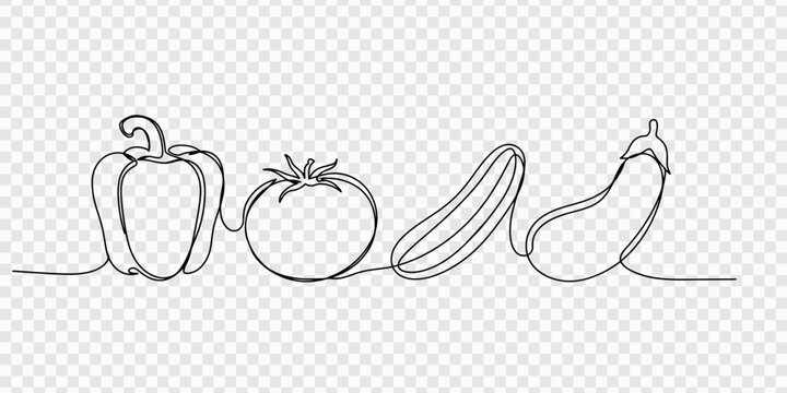 Continuous one line drawing of various vegetables and fruits on transparent background. Doodle vector illustration, Vegetables one line set. Continuous line drawing of garlic, tomato, bell pepper