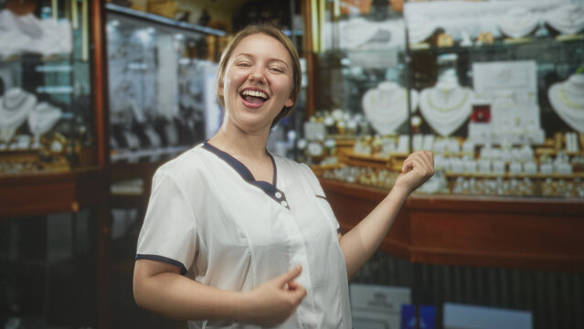 Woman wearing a white uniform with ponytail, hand clenched miming an air guitar beside jewelry display in a retail building; playful joy.