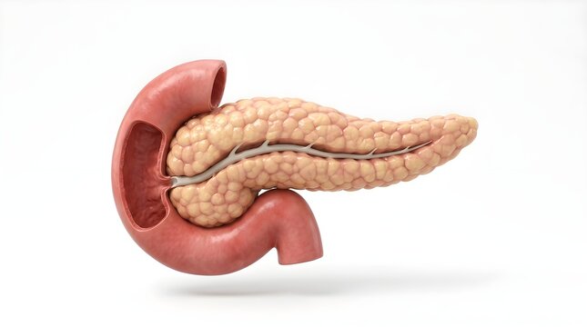 Anatomical pancreas model with duodenum, human digestive system organ on white background, medical illustration of endocrine and exocrine gland