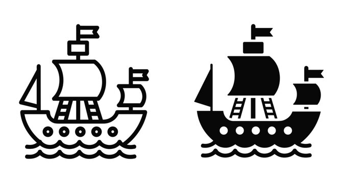 Sailing ship icon set featuring outline and solid silhouette designs of a wooden vessel with masts flags and ocean waves for nautical travel maritime adventure