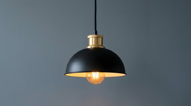 Industrial pendant light with matte black dome shade, vintage hanging lamp with brass hardware, modern ceiling fixture for interior design