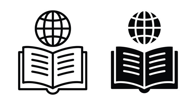 Global education icon set featuring open book and world globe symbols for international learning school university research and knowledge sharing