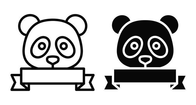 Panda head icon set with ribbon banner for text placement featuring cute animal face in outline and solid black styles