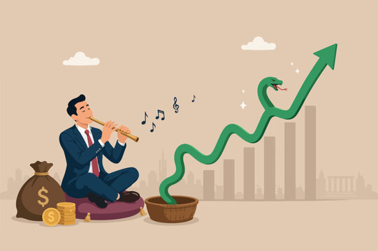 Investment profit growth, monetary policy to control economic, market domination or manipulation concept, smart businessman snake charmer playing flute on investment graph to make arrow rising up
