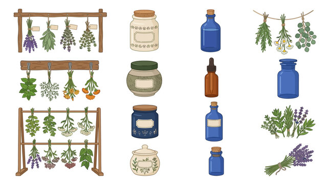 Herbs and bottles on rack.