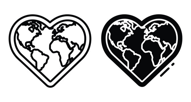 Heart shaped world map icons showing earth continents in outline and solid black styles for global love and environmental awareness