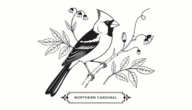 black-and-white engraved vector illustration featuring a Northern Cardinal perched on a delicate branch with detailed feathers, elegant botanical surroundings, reading "NORTHERN CARDINAL"