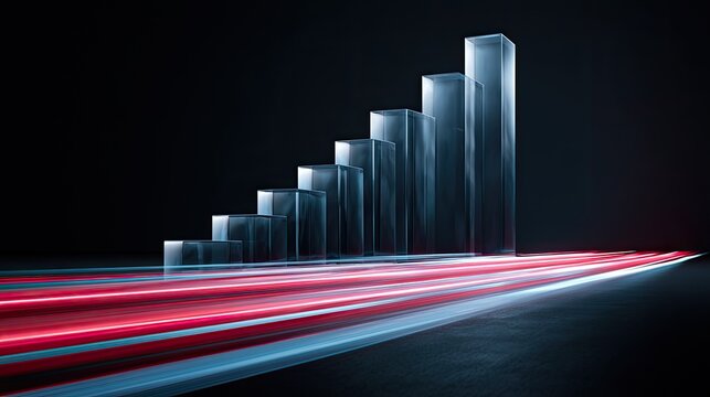 Translucent ascending bars with streaks of red and blue light