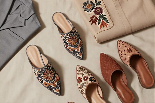Embroidered mules and shoes arranged with garments on flat surface