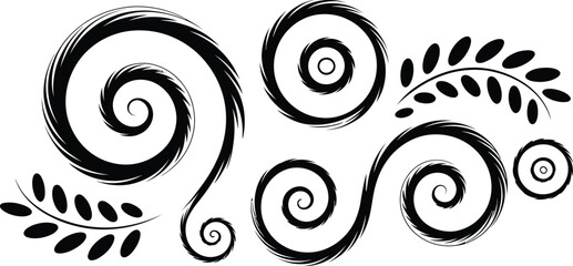 Naklejka premium Artistic black and white decorative spiral pattern set with hand drawn brush stroke elements