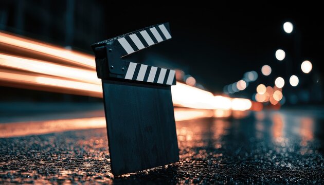 Cinematic clapperboard on wet street, streaks of light blur past