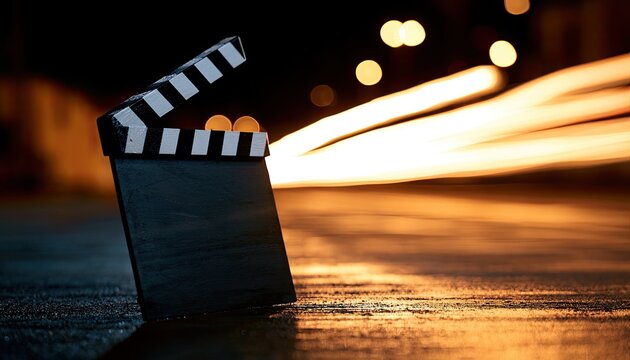 Film slate at night with streaks of light and bokeh