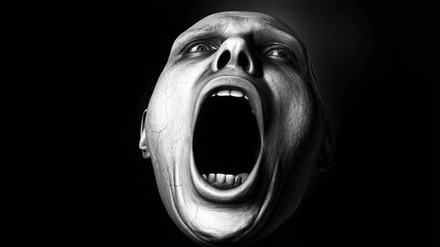 Slow zoom in of screaming human head opening wide mouth into spotlight over dark studio background closeup textured cracked skin high contrast monochrome portrait