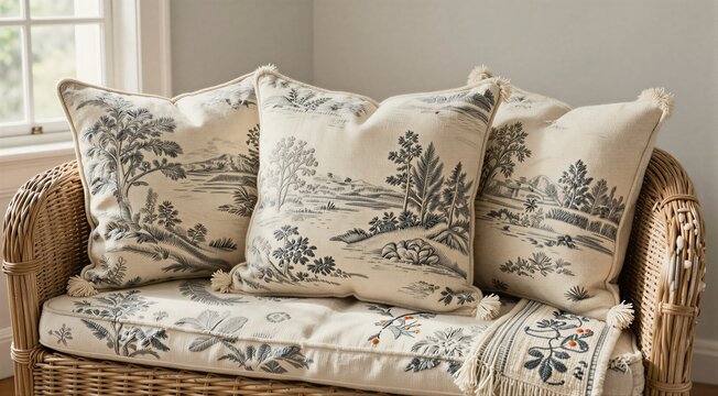 Decorative cushions arranged on wicker sofa by window seat