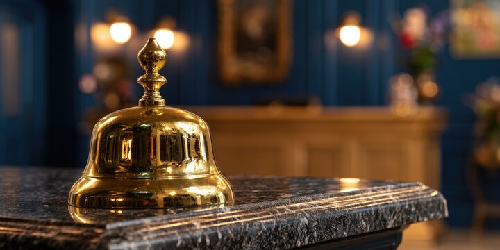 Polished brass reception bell rests on a marbled counter in a dimly lit lobby