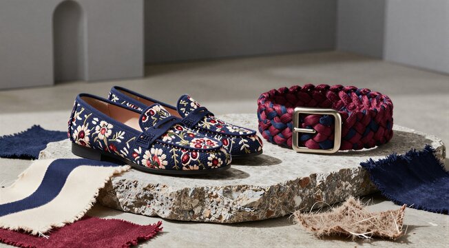 Embroidered loafers and braided belt arranged on stone slab
