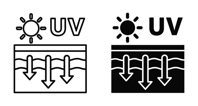 UV protection skin care icon set showing ultraviolet rays penetrating dermal layers with sun symbol and arrows for sunblock concept
