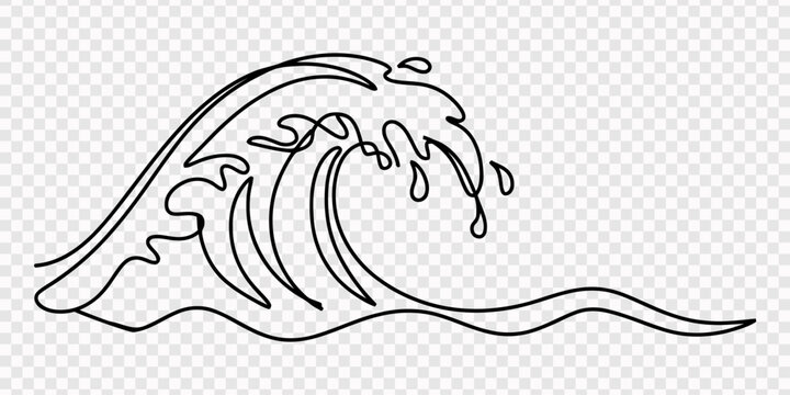 "Breaking Wave". Minimalistic one-line drawing dynamic ocean wave curling forward with subtle splash outline, One line drawing of water drop and ocean wave splash with abstract liquid motion ripples