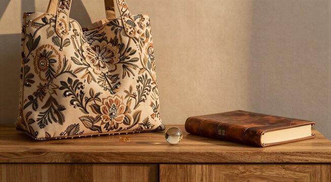 Floral tote bag positioned next to book on wooden dresser