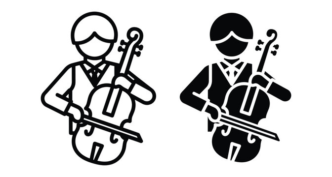 Cellist musician playing violoncello string instrument icon set with outline and solid glyph styles for classical music performance design elements