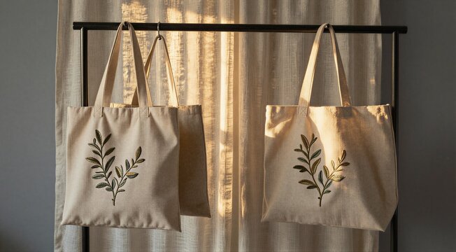 Canvas tote bags hanging from rack in sunlit room