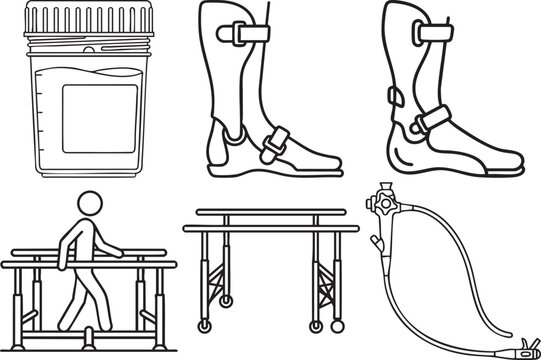 Medical rehabilitation collection showing sample containers orthotics for legs and physical therapy parallel bars for training and recovery of injured patients