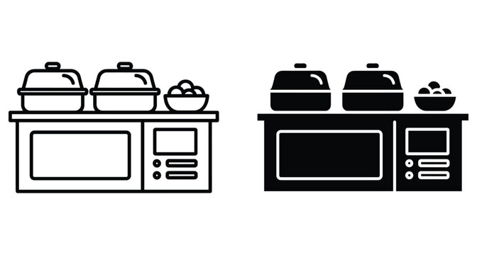 Buffet food warmer station icon set with chafing dishes and microwave oven for catering service restaurant kitchen equipment vector illustration