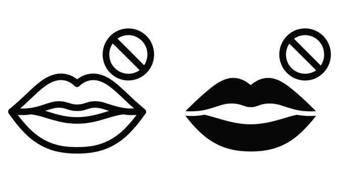 Silence icon set showing lips with prohibition symbol for no talking quiet zone mute communication forbidden speech and censorship concept