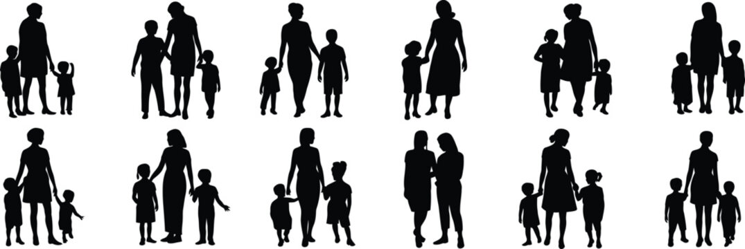 Family Caregiver and Children Silhouette Collection, Parenting Mother Figures Walking with Kids Vector Set Isolated Illustration