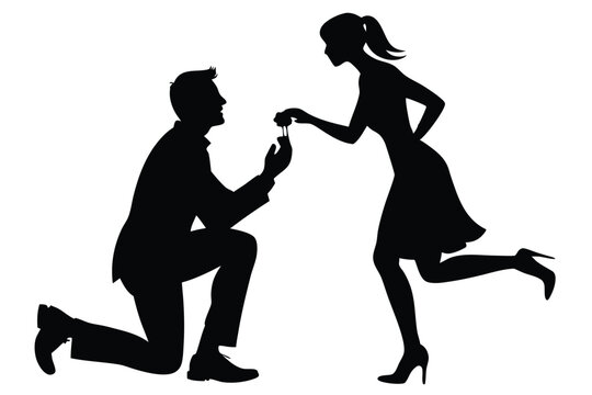 engagement silhouettes of a man proposing silhouette line art vector illustration
