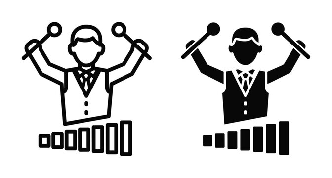 Xylophone player musician icon set featuring a man in formal attire holding mallets performing on a percussion instrument musical equipment