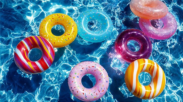 Vibrant abstract of colorful donuts on blue watercolor background