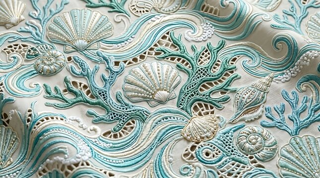 Intricate embroidered fabric featuring a repeating pattern of seashells coral and ocean waves