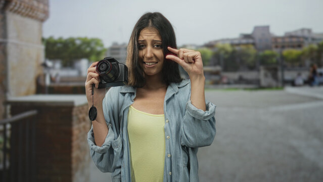 Woman holding camera and pinching fingers to show tiny size while standing on a street in the city; disappointment.