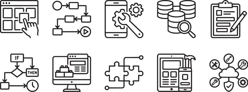 Software development and computer programming icon set with software, computer