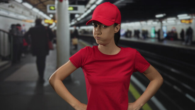 Woman with red cap and red t shirt, hands on hips pouting on a crowded underground train station platform; impatience.