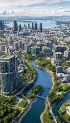 Naklejka premium Aerial view of modern urban waterfront with apartment skyscrapers and river canal flowing through city green space waterfront apartment skyscrapers architecture landscape building