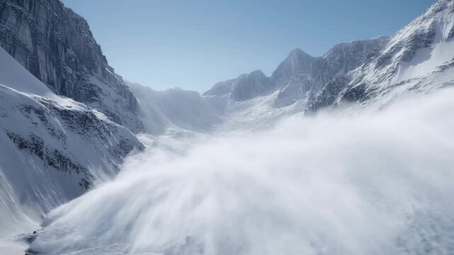 Majestic snow avalanche cascades down mountain valley in dramatic sequence