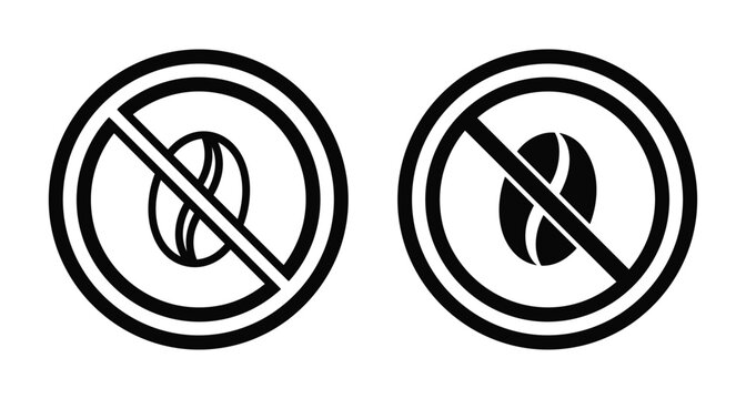 No coffee bean sign caffeine free icon set with prohibition symbol for decaf drinks health restrictions and dietary warnings