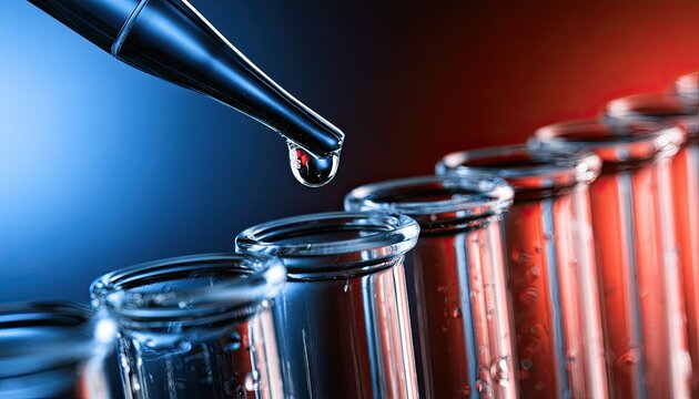 Droplet falls into laboratory glassware, science, research, testing