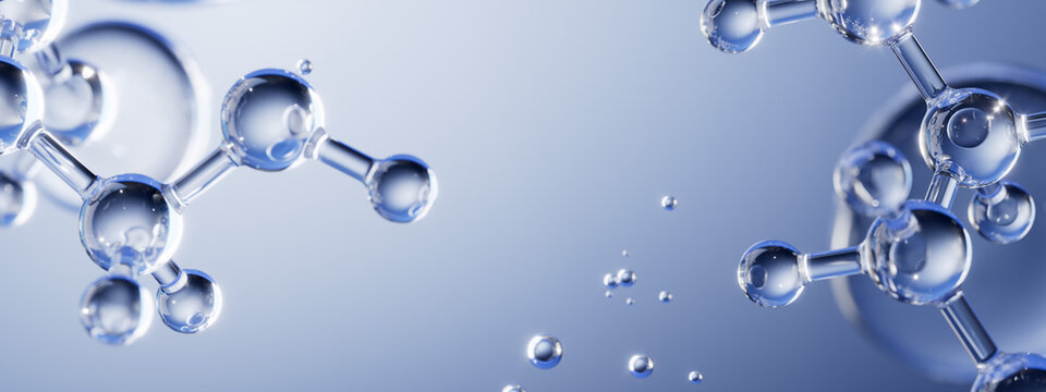 3D rendering of a cosmetic serum bubble ingredients. Abstract concept of retinol, beta-glucan, niacinamide or hyaluronic acid molecules for skin care product.