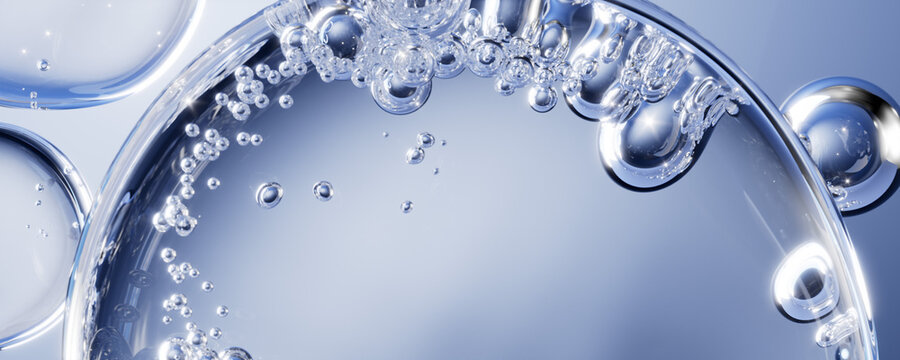 3D rendering of a cosmetic serum bubble ingredients. Abstract concept of retinol, beta-glucan, niacinamide or hyaluronic acid molecules for skin care product.