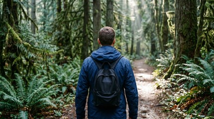 Fototapeta premium Man with backpack hiking on a lush trail through a sunlit forest