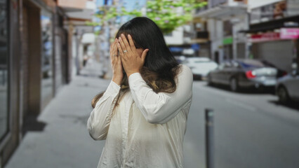 Fototapeta premium Young latina brunette woman covering her face with both hands while standing on a city street near parked cars and storefronts; anxiety.