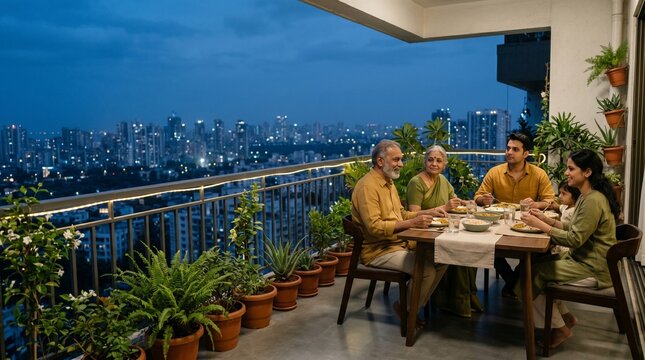 Multi-generational Indian family enjoying dinner on a modern balcony at night.