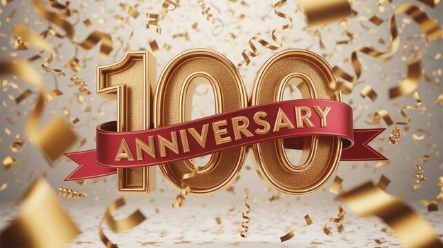100th anniversary celebration with golden numbers and red ribbon