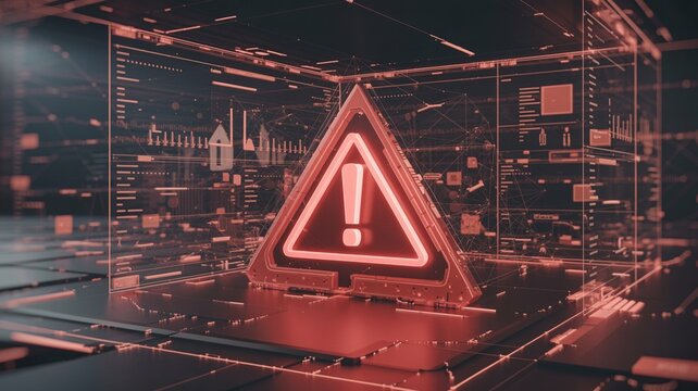 Digital warning sign with glowing exclamation mark in a futuristic data environment