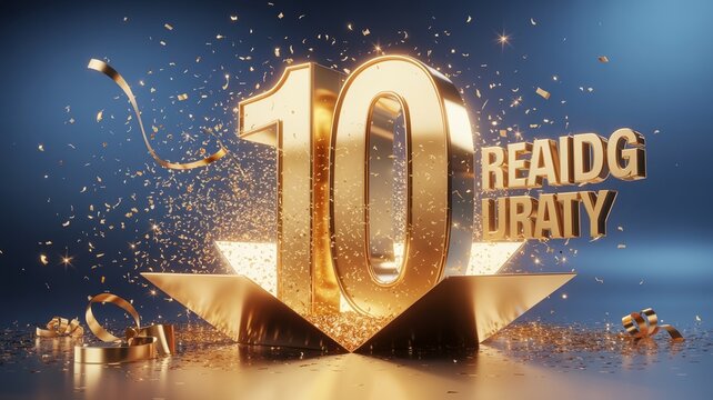 Golden 10th anniversary celebration with confetti and ribbons on blue background