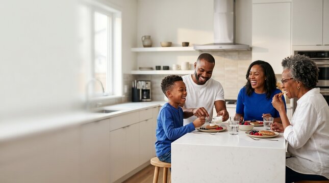 Happy multi-generational African American family eating breakfast in modern kitchen.